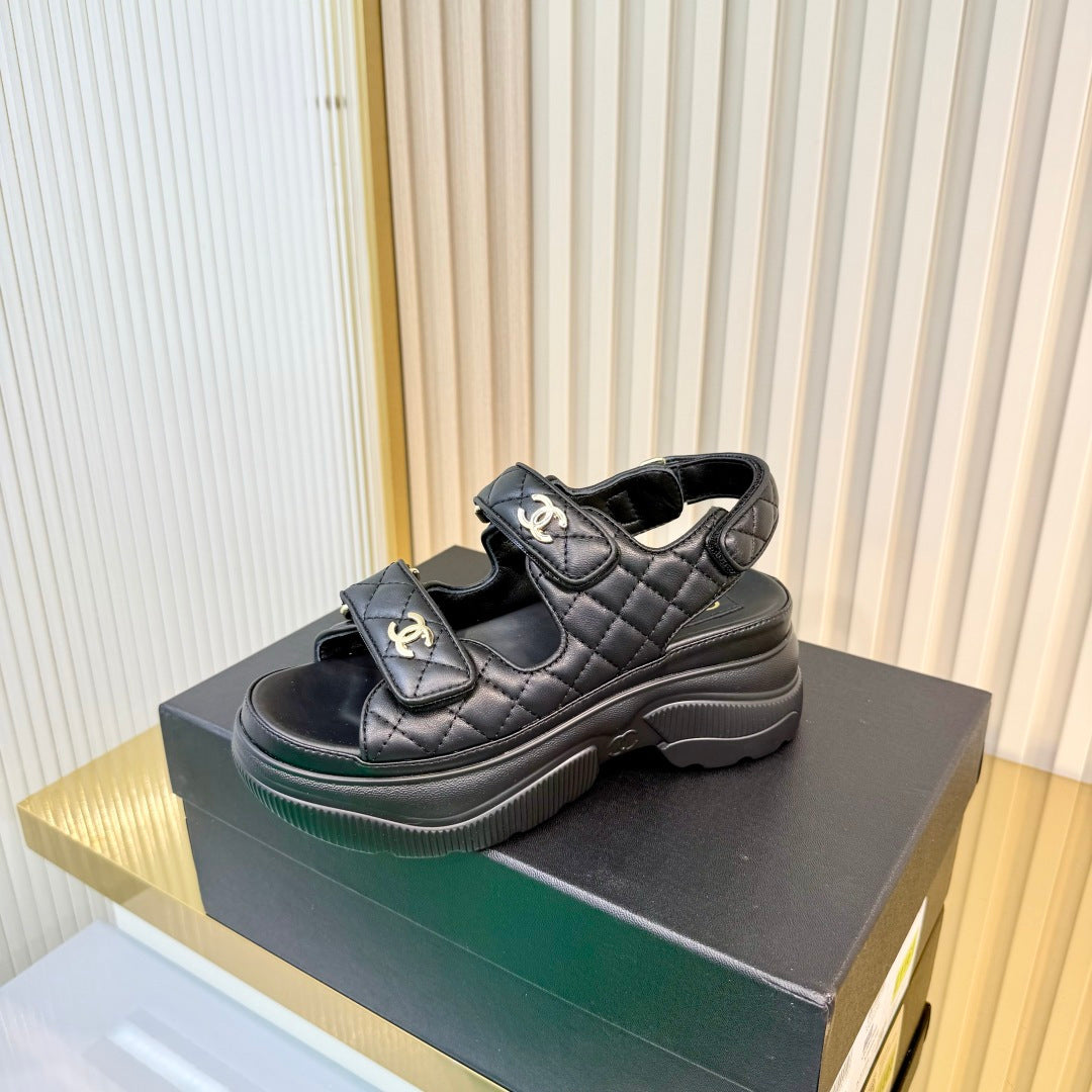 CHANEL 26S PLATFORM VELCRO SANDALS IN BLACK LAMBSKIN