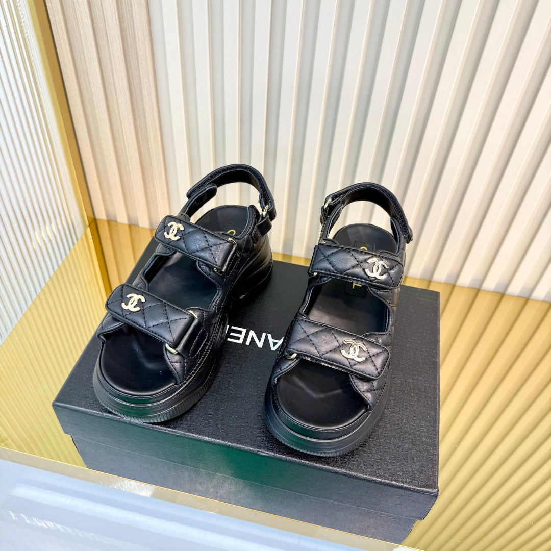 CHANEL 26S PLATFORM VELCRO SANDALS IN BLACK LAMBSKIN