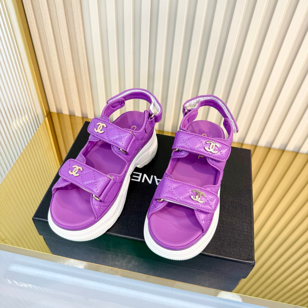 CHANEL 26S PLATFORM VELCRO SANDALS IN PURPLE LAMBSKIN