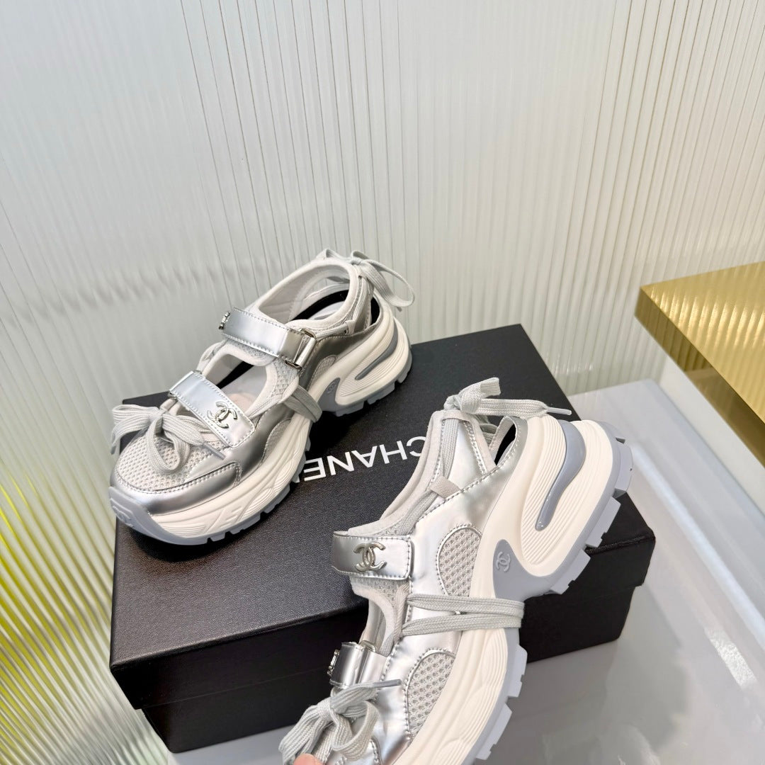 CHANEL 26S VELCRO SNEAKERS IN SILVER CALFSKIN WITH BOW
