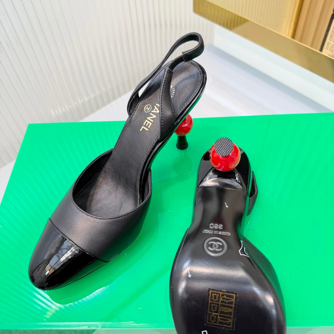 CHANEL 26S SLINGBACK POINTED-TOE HEELS 95 MM IN BLACK LAMBSKIN