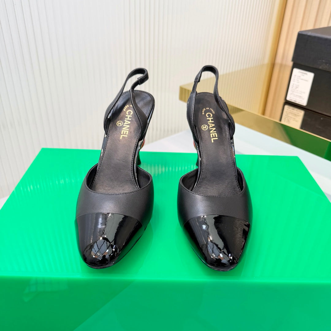 CHANEL 26S SLINGBACK POINTED-TOE HEELS 95 MM IN BLACK LAMBSKIN