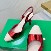 CHANEL 26S SLINGBACK POINTED-TOE HEELS 95 MM IN RED PATENT WITH WHITE CAP TOE