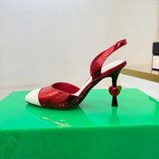CHANEL 26S SLINGBACK POINTED-TOE HEELS 95 MM IN RED PATENT WITH WHITE CAP TOE