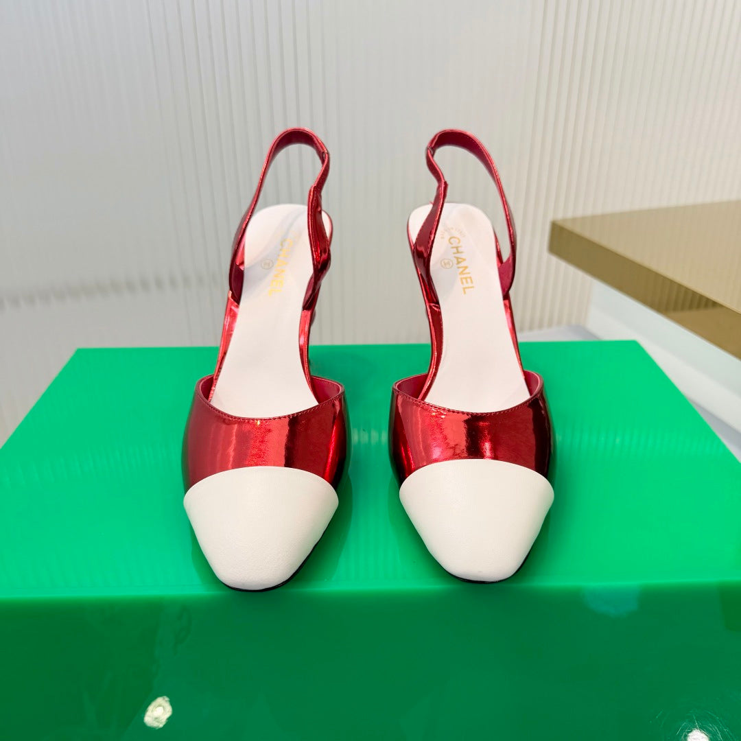 CHANEL 26S SLINGBACK POINTED-TOE HEELS 95 MM IN RED PATENT WITH WHITE CAP TOE