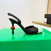 CHANEL 26S SLINGBACK POINTED-TOE HEELS 95 MM IN BLACK LAMBSKIN WITH PASTEL GREEN CAP TOE