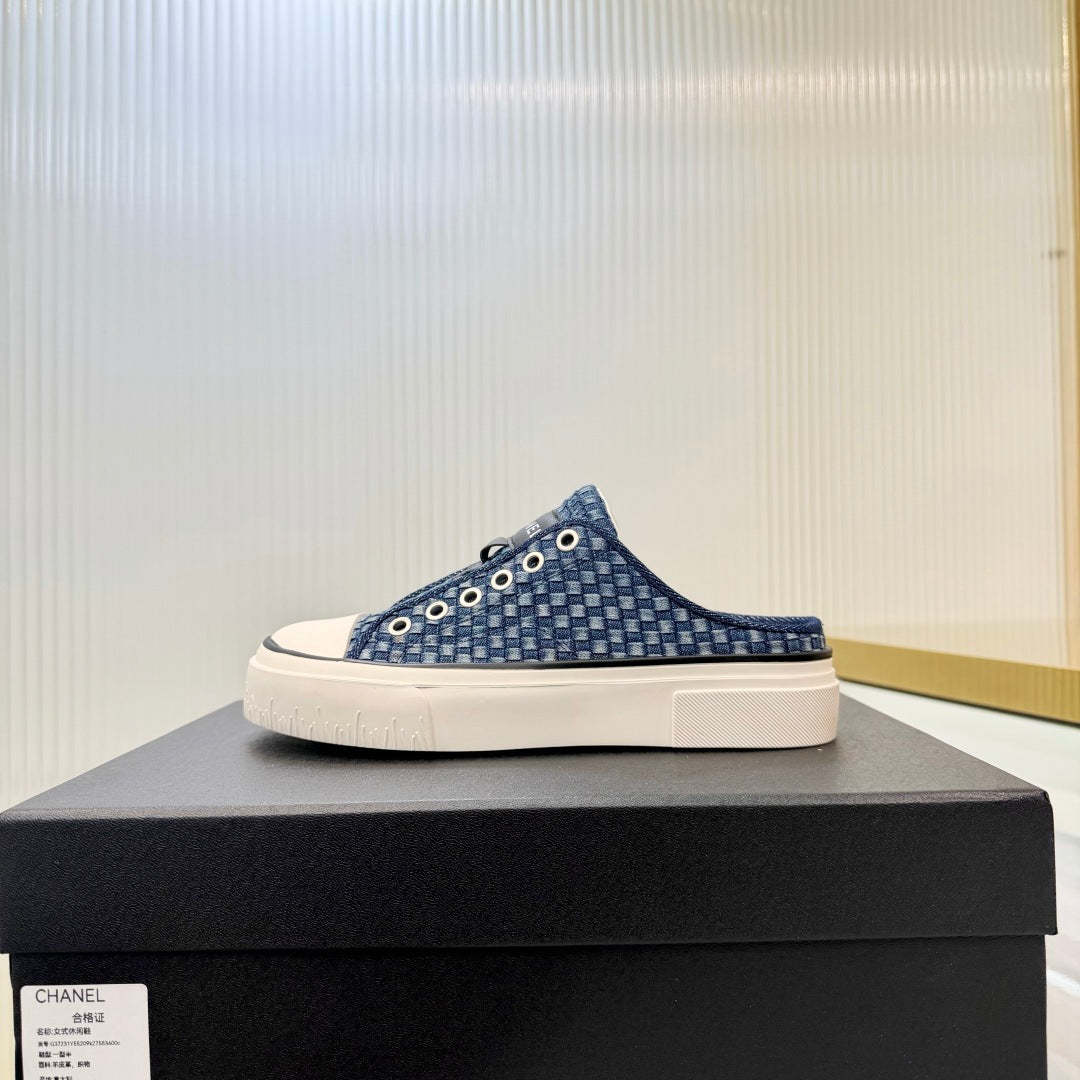 CHANEL 26S MULE SNEAKERS IN NAVY BLUE CHECKERED WOVEN DENIM FABRIC