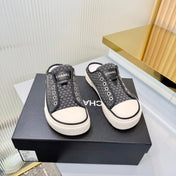 CHANEL 26S MULE SNEAKERS IN BLACK CHECKERED WOVEN DENIM FABRIC