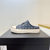 CHANEL 26S MULE SNEAKERS IN NAVY BLUE DIAMOND-PATTERNED WOVEN DENIM FABRIC