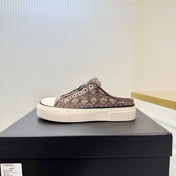 CHANEL 26S MULE SNEAKERS IN BROWN DIAMOND-PATTERNED WOVEN DENIM FABRIC