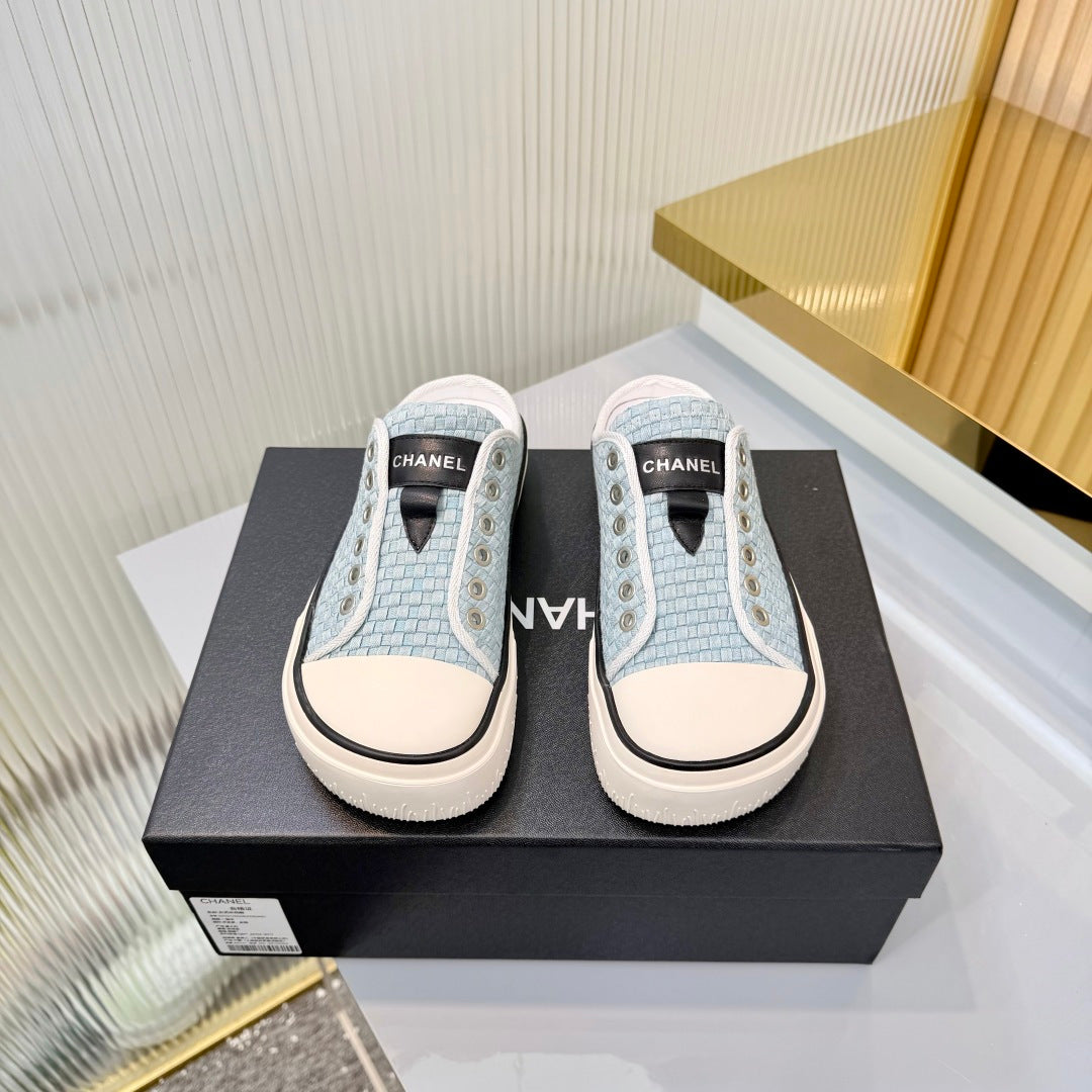 CHANEL 26S MULE SNEAKERS IN LIGHT BLUE WOVEN FABRIC
