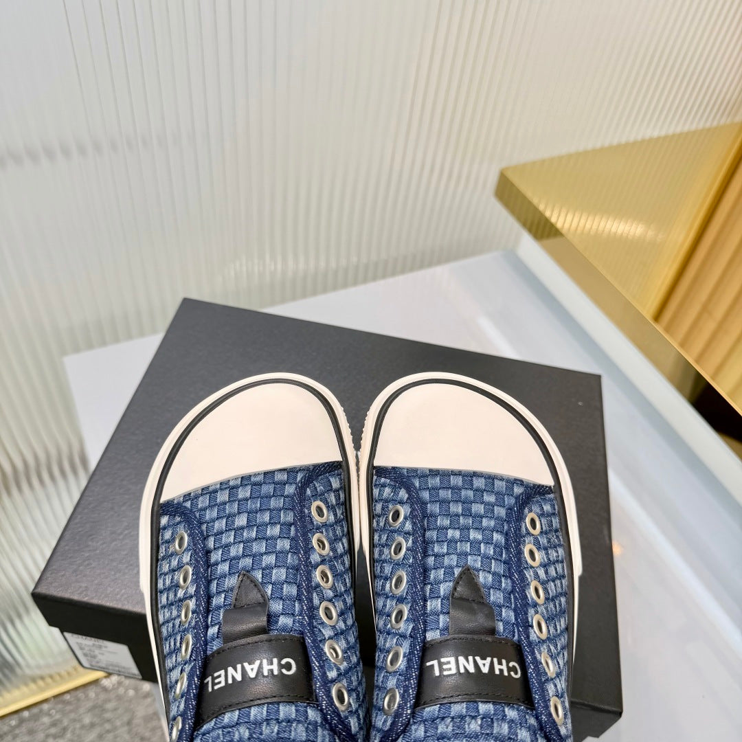 CHANEL 26S MULE SNEAKERS IN NAVY BLUE CHECKERED WOVEN DENIM FABRIC