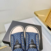 CHANEL 26S MULE SNEAKERS IN NAVY BLUE CHECKERED WOVEN DENIM FABRIC