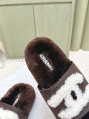 CHANEL 25S FUR SLIPPERS DOUBLE-LAYERED IN DARK BROWN WITH WHITE CC LOGO