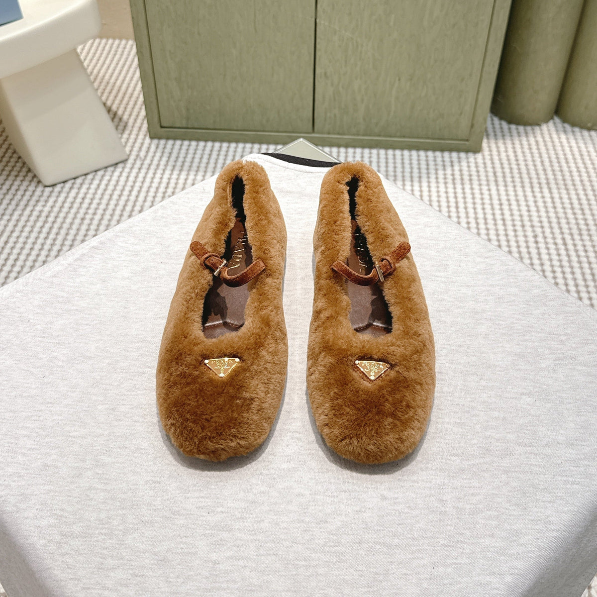 PRADA 25S MARY JANE BALLET FLATS IN BROWN FUR