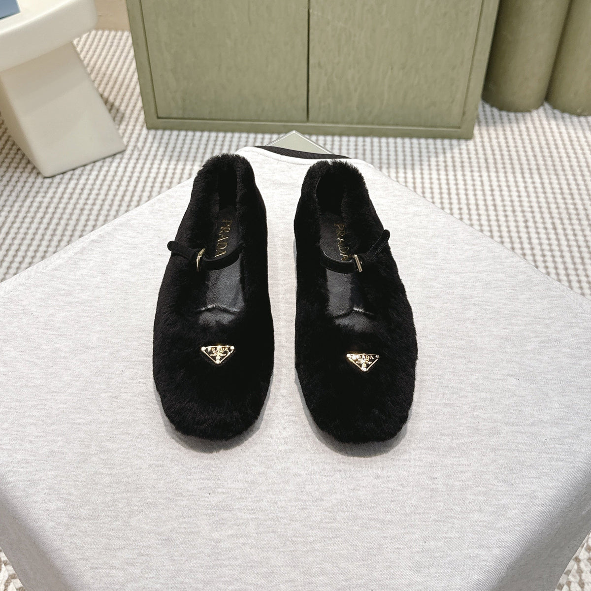 PRADA 25S MARY JANE BALLET FLATS IN BLACK FUR