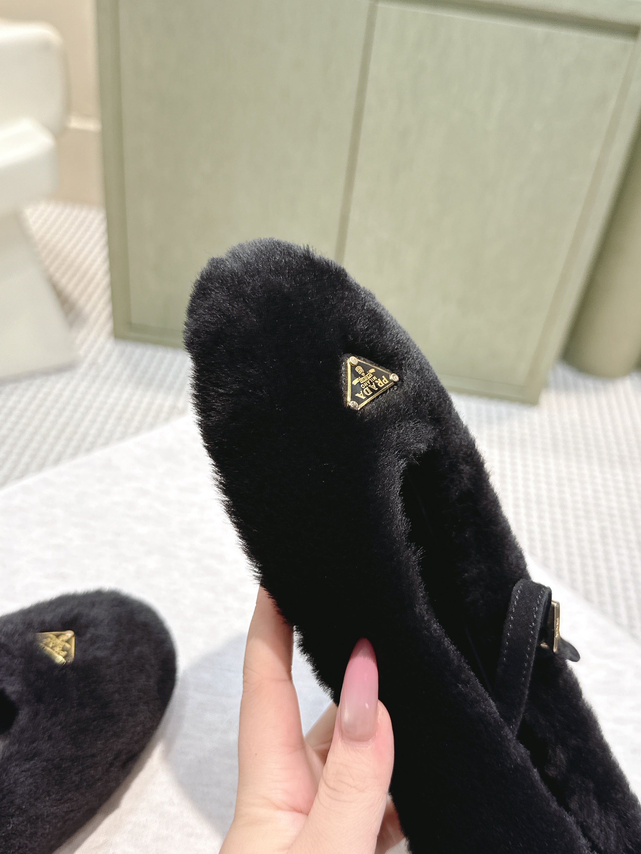 PRADA 25S MARY JANE BALLET FLATS IN BLACK FUR