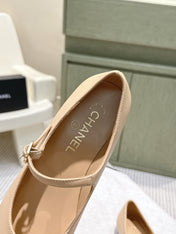CHANEL 25S MARY JANE FLATS IN BEIGE LAMBSKIN WITH BLACK CAP TOE SILVER HARDWARE