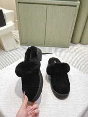 CHANEL 25S FUR-LINED MULES IN BLACK SUEDE