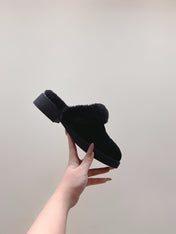 CHANEL 25S FUR-LINED MULES IN BLACK SUEDE