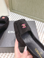 CHANEL 25S SLINGBACK SHOES 90MM IN BLACK SUEDE SQUARE TOE PINK HARDWARE