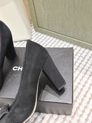CHANEL 25S SLINGBACK SHOES 90MM IN BLACK SUEDE SQUARE TOE GOLD HARDWARE