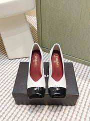 CHANEL 25S SQUARE-TOE HIGH HEELS 90MM IN WHITE AND BLACK CALFSKIN