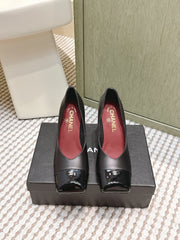 CHANEL 25S SQUARE-TOE HIGH HEELS 90MM IN BLACK CALFSKIN
