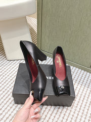 CHANEL 25S SQUARE-TOE HIGH HEELS 90MM IN BLACK CALFSKIN