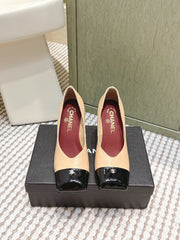 CHANEL 25S SQUARE-TOE HIGH HEELS 90MM IN DARK BEIGE AND BLACK CALFSKIN