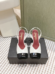 CHANEL 25S HIGH-HEELED SQUARE-TOE SLINGBACK 90MM IN WHITE AND BLACK CALFSKIN