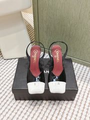 CHANEL 25S HIGH-HEELED SQUARE-TOE SLINGBACK 90MM IN BLACK AND WHITE CALFSKIN