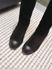 CHANEL 25S HIGH-CALF COWBOY BOOTS IN BLACK SUEDE AND CALFSKIN DIAMOND-QUILTED