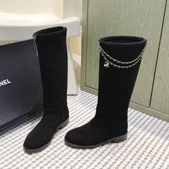 CHANEL 25S KNEE-HIGH BOOTS IN BLACK SUEDE GOLD HARDWARE