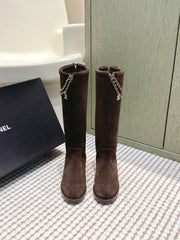 CHANEL 25S KNEE-HIGH BOOTS IN DARK BROWN SUEDE GOLD HARDWARE