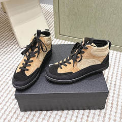 CHANEL 25S HIGH-TOP SNEAKERS IN BLACK AND BROWN CALFSKIN AND SUEDE