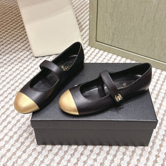 CHANEL 25S MARY JANE FLAT IN BLACK LAMBSKIN WITH YELLOW CAP TOE GOLD HARDWARE