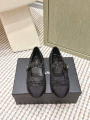 CHANEL 25S MARY JANE FLAT IN BLACK TWEED WITH CAP TOE GOLD HARDWARE