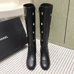 CHANEL 25S KNEE-HIGH BOOTS IN BLACK CALFSKIN WITH RHINESTONES
