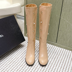 CHANEL 25S KNEE-HIGH BOOTS IN BEIGE CALFSKIN WITH RHINESTONES