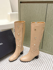 CHANEL 25S KNEE-HIGH BOOTS IN BEIGE CALFSKIN WITH RHINESTONES