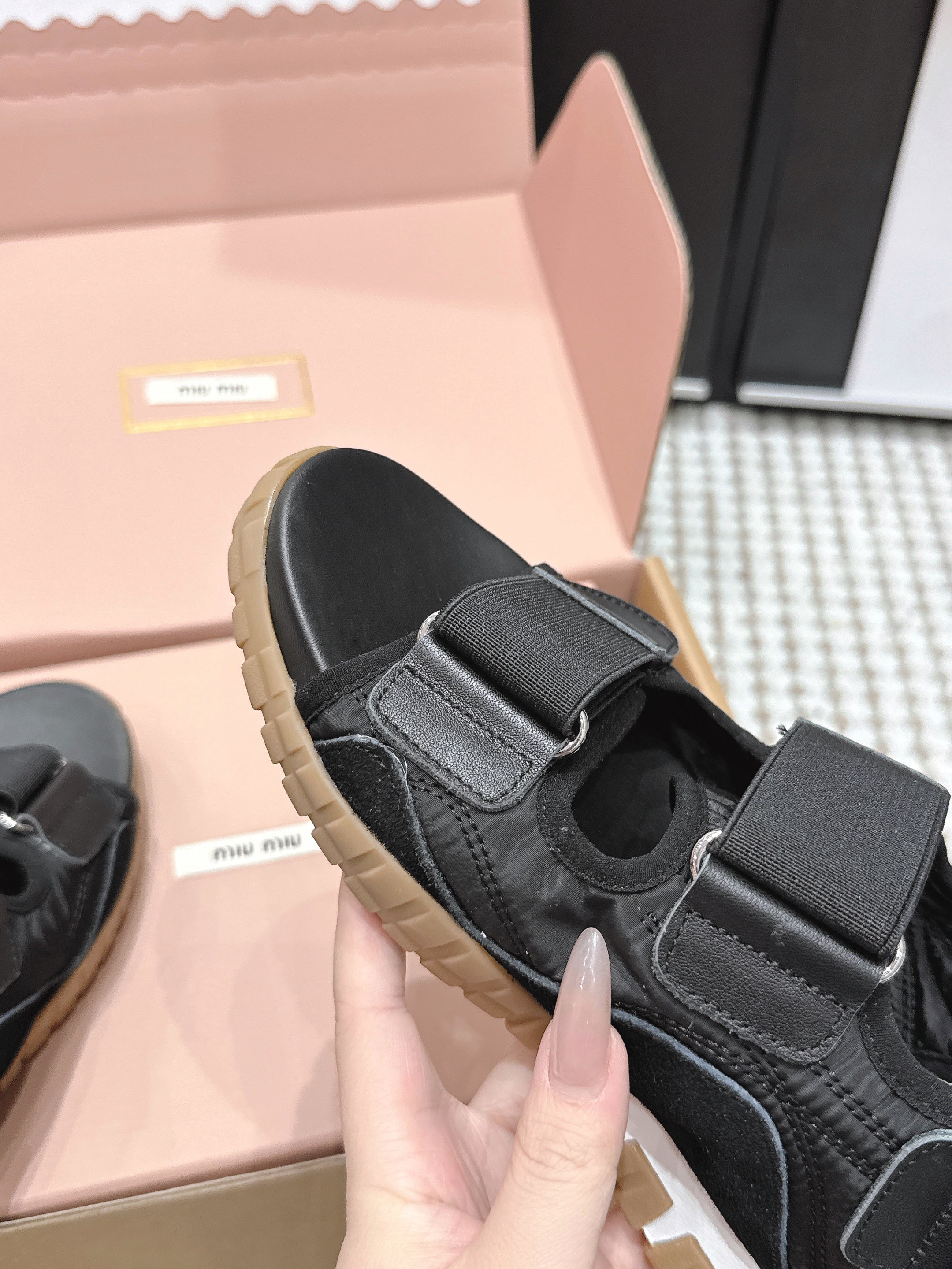 MIUMIU 26S VELCRO SANDALS IN BLACK CALFSKIN AND NYLON SILVER HARDWARE