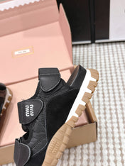 MIUMIU 26S VELCRO SANDALS IN BLACK CALFSKIN AND NYLON SILVER HARDWARE