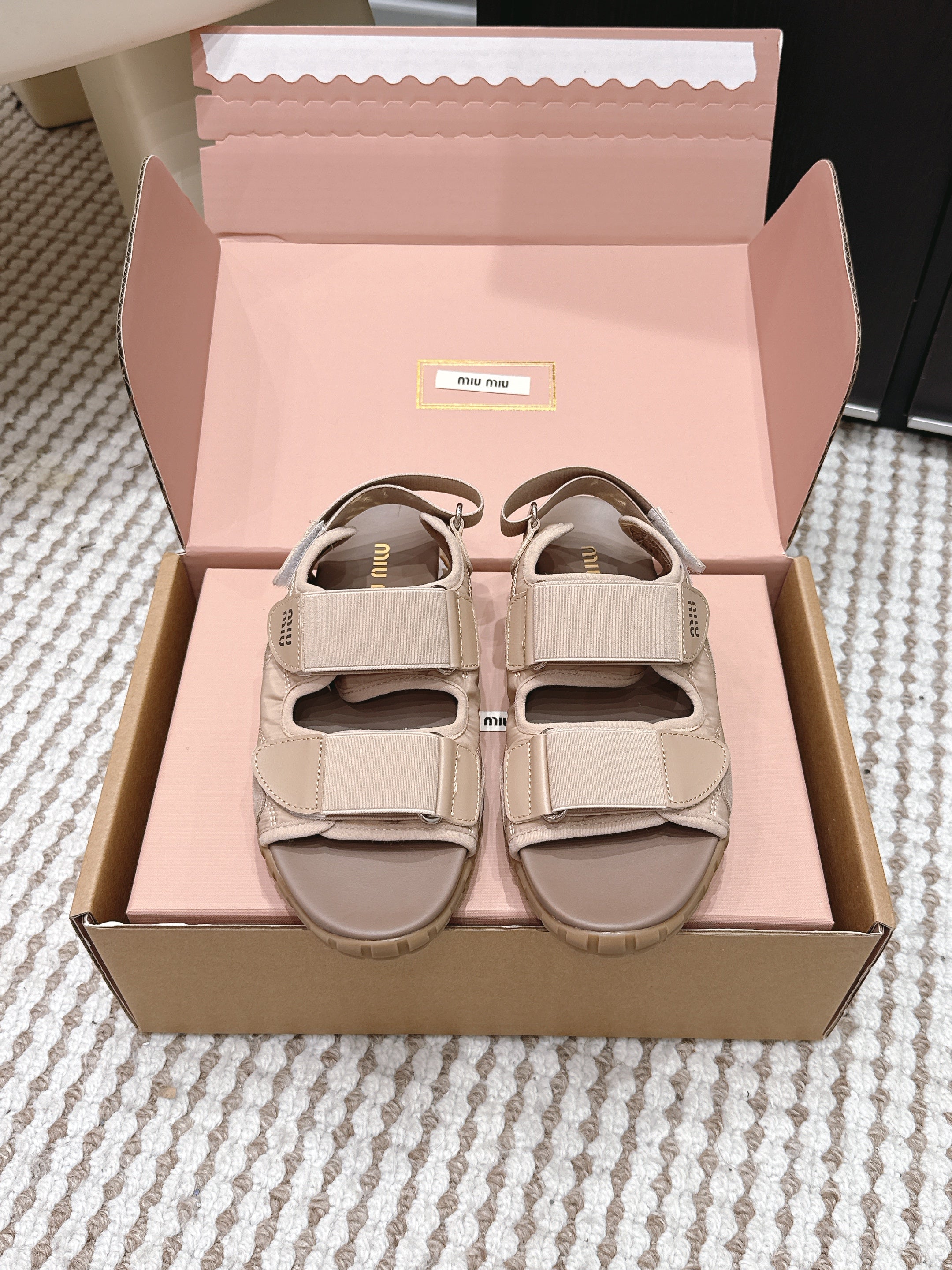 MIUMIU 26S VELCRO SANDALS IN LIGHT BROWN CALFSKIN AND NYLON SILVER HARDWARE