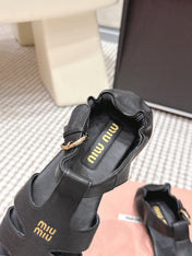 MIUMIU 26S RUCHES FISHERMAN SANDALS IN BLACK CALFSKIN GOLD HARDWARE