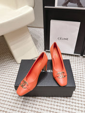 CHANEL 26S HIGH HEELS 95 MM IN ORANGE CALFSKIN WITH GOLD-TONE CC LOGO