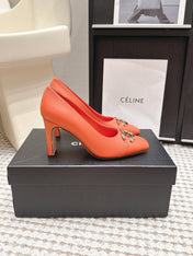 CHANEL 26S HIGH HEELS 95 MM IN ORANGE CALFSKIN WITH GOLD-TONE CC LOGO