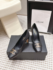 CHANEL 26S HIGH HEELS 95 MM IN BLACK CALFSKIN WITH GOLD-TONE CC LOGO