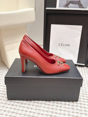 CHANEL 26S HIGH HEELS 95 MM IN RED CALFSKIN WITH GOLD-TONE CC LOGO