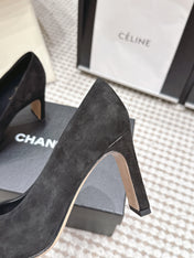 CHANEL 26S HIGH HEELS 95 MM IN BLACK SUEDE WITH GOLD-TONE CC LOGO